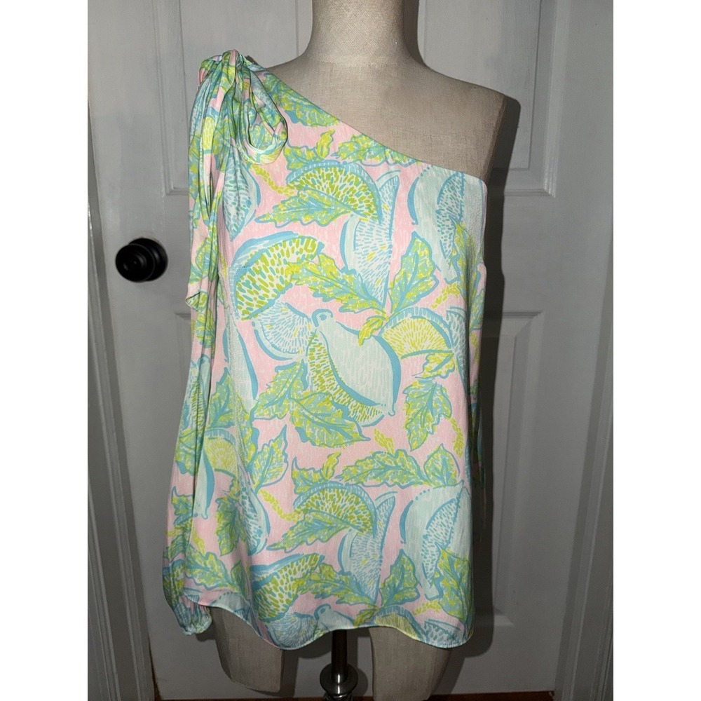 LILLY PULITZER Avena One Sleeve Polyester Top Lined Sz 2 Pastel Tropical‎ Print